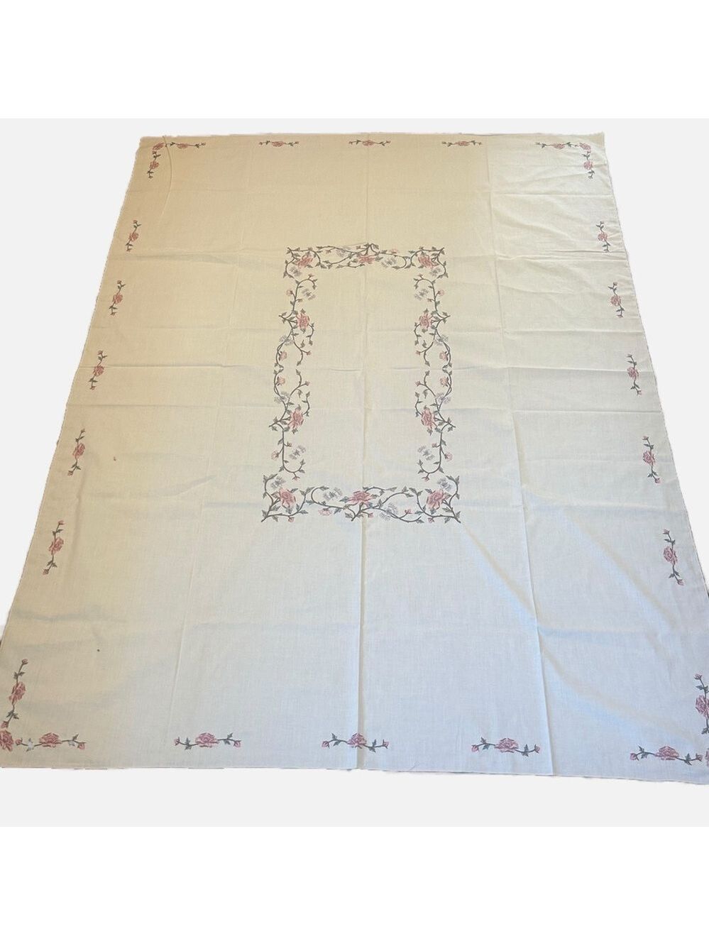 Vintage Large Floral Embroidered Tablecloth Floral Butterflies Cottagecore